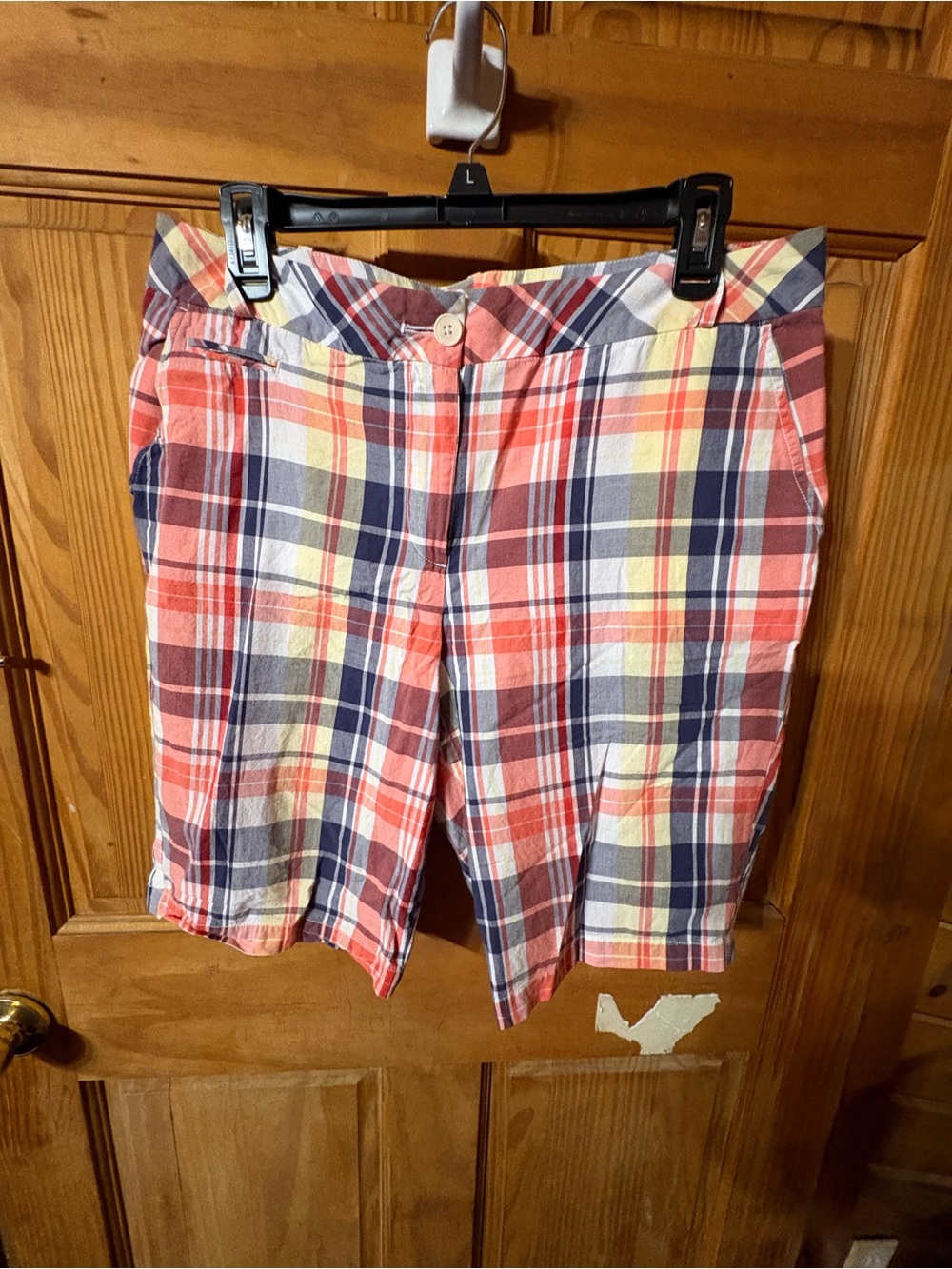 Talbots Coral & Navy Plaid Bermuda Shorts